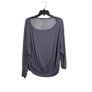 Tart Blue White Long Sleeve Blouse Women’s Large Faux Wrap Top Modal Stretch